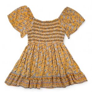 Yellow Floral Smocked Babydoll Peasant Mini Dress Off Shoulder Cottagecore L